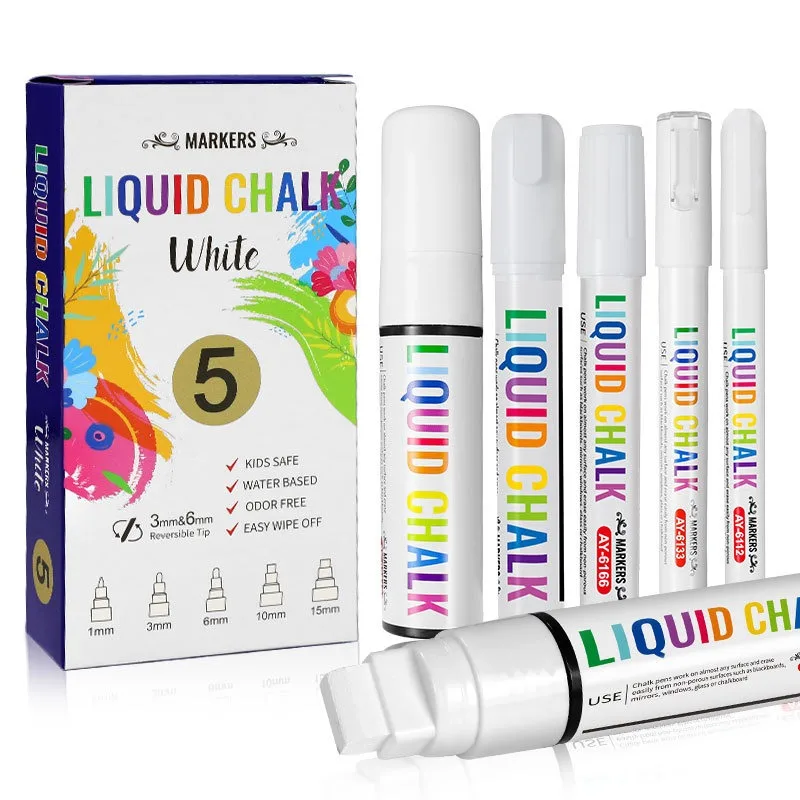 5 قطع/مجموعة علامات الطباشير البيضاء علامات السبورة السائلة، علامة الطباشير السائلة البيضاء للنوافذ، الزجاج - 1، 3، 6، 10، 15 مم نصائح
