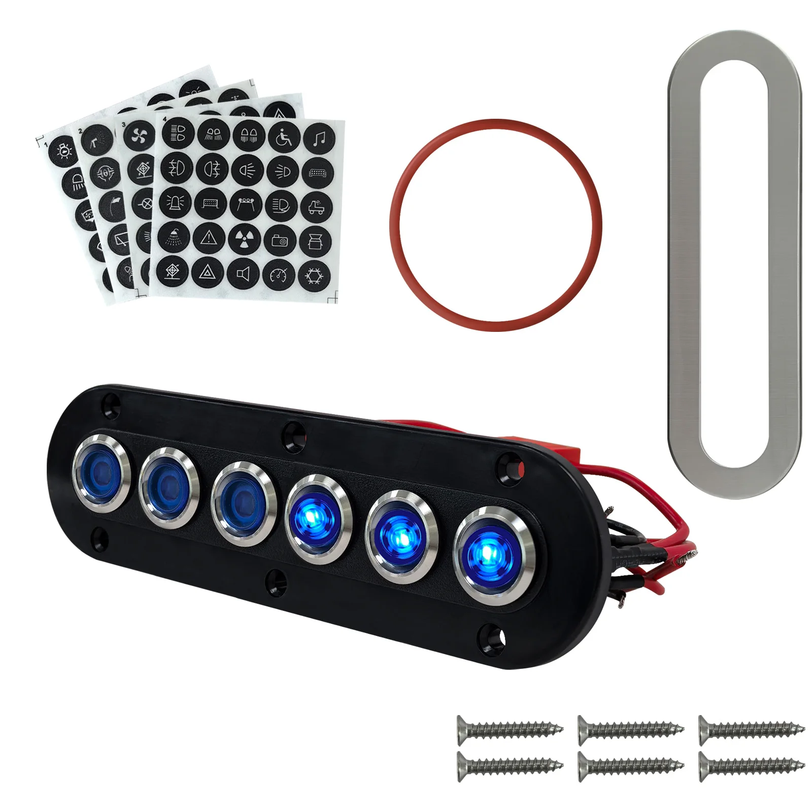 

6Gang Push Switch Stainless Steel Switch Panel 12V/24V Blue LED Backlit Push Button Switch with Fuse Holder for Marine Boat Car