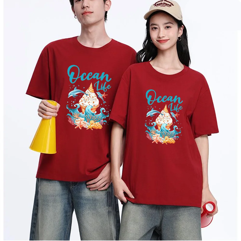 Ocean Life Ice Cream Cone Printed T Shirt Breathable Fabric Unisex Fit Personalized Custom Aesthetic Graphic Top Casual Short Sl