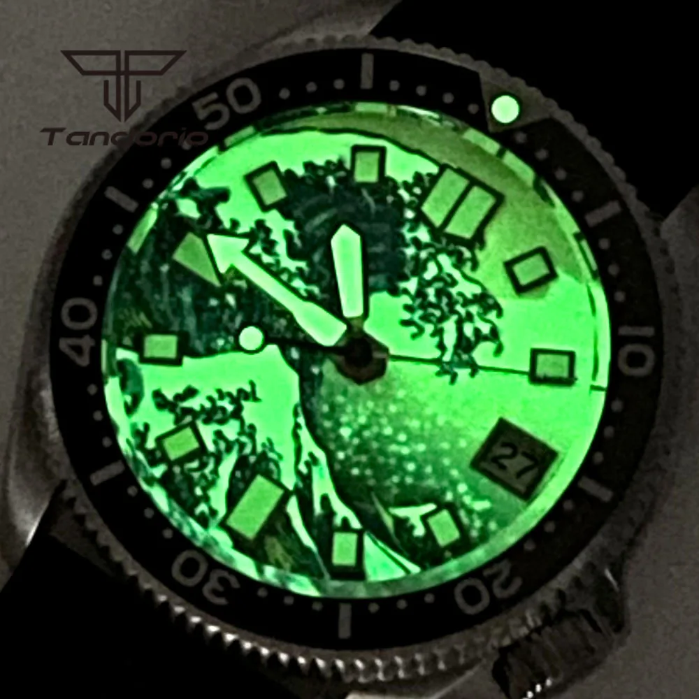 Imagem -06 - Relógio Automático Luminoso Masculino Tandorio-kanagawa Relógio de Pulso Cristal Safira Pulseira de Borracha Data 3.8 Coroa Parafuso Mostrador Nh35a 37 mm