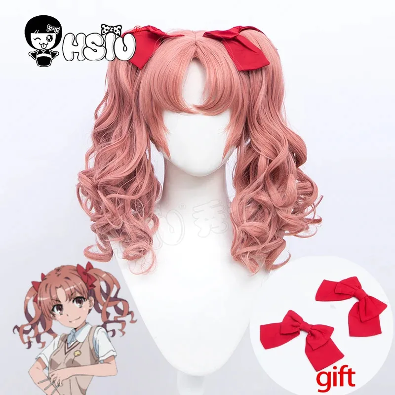 

HSIU Shirai Kuroko wig Anime Toaru Kagaku No Railgun Cosplay Smoke pink double ponytail short hair+free wig cap+free Bowknot