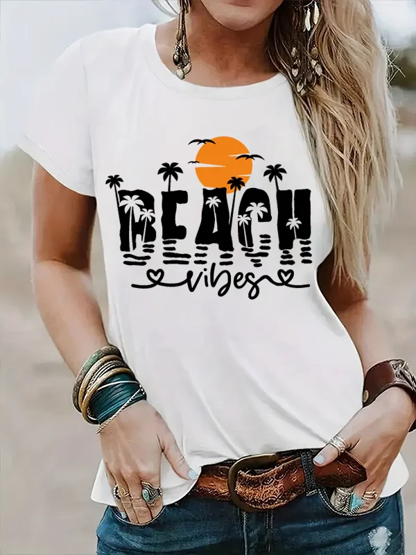 Beach Viges Slogan Women T-shirt New Stylish Casual Party Female Shirt Vintage Sea Wave The Setting Sun Coconut Palm Print Tee