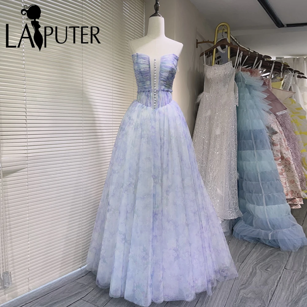 Floral Blue A line Prom Dresses Buttons Off Shoulder Basque Waist Long Tulle Evening Gowns Strapless Neck Cute Girl Party Dress