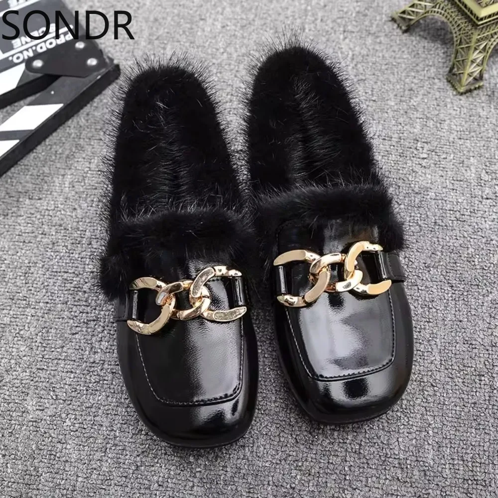 Womens Round Toe Real Mink Fur Loafers Metal Decor Warm Winter Slip on Shoes Low Heel New 2024