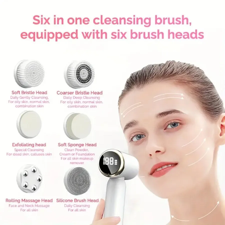 6 In 1 Ultrasonic Electric Face CleansingBrush Compress Therapy FacialExfoliating Pore Cleaner BlackheadRemoval