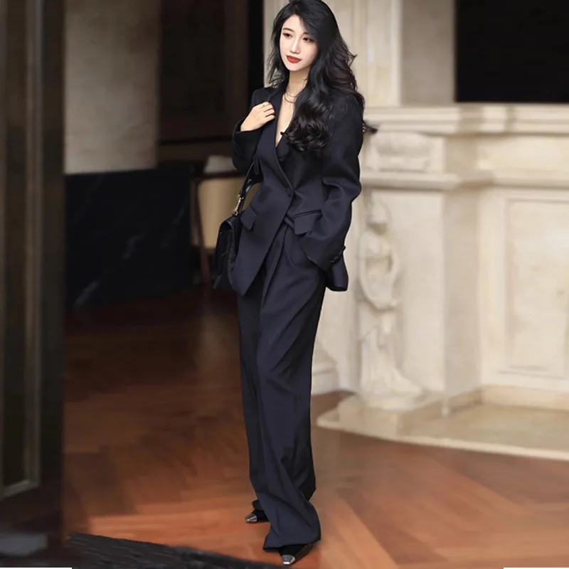 

Popular Suit Women's Business Wear Black V-neck Temperament Goddess Fan High-end Commuter Formal Suit Two-Piece Set