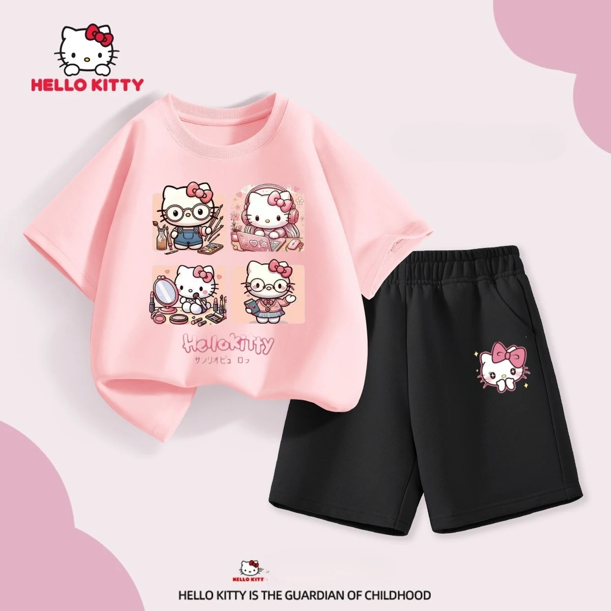 

Sanrio, летний комплект одежды из 100% хлопка для маленьких девочек, милые футболки с короткими рукавами и принтом «Hello Kitty», топ и шорты, костюм