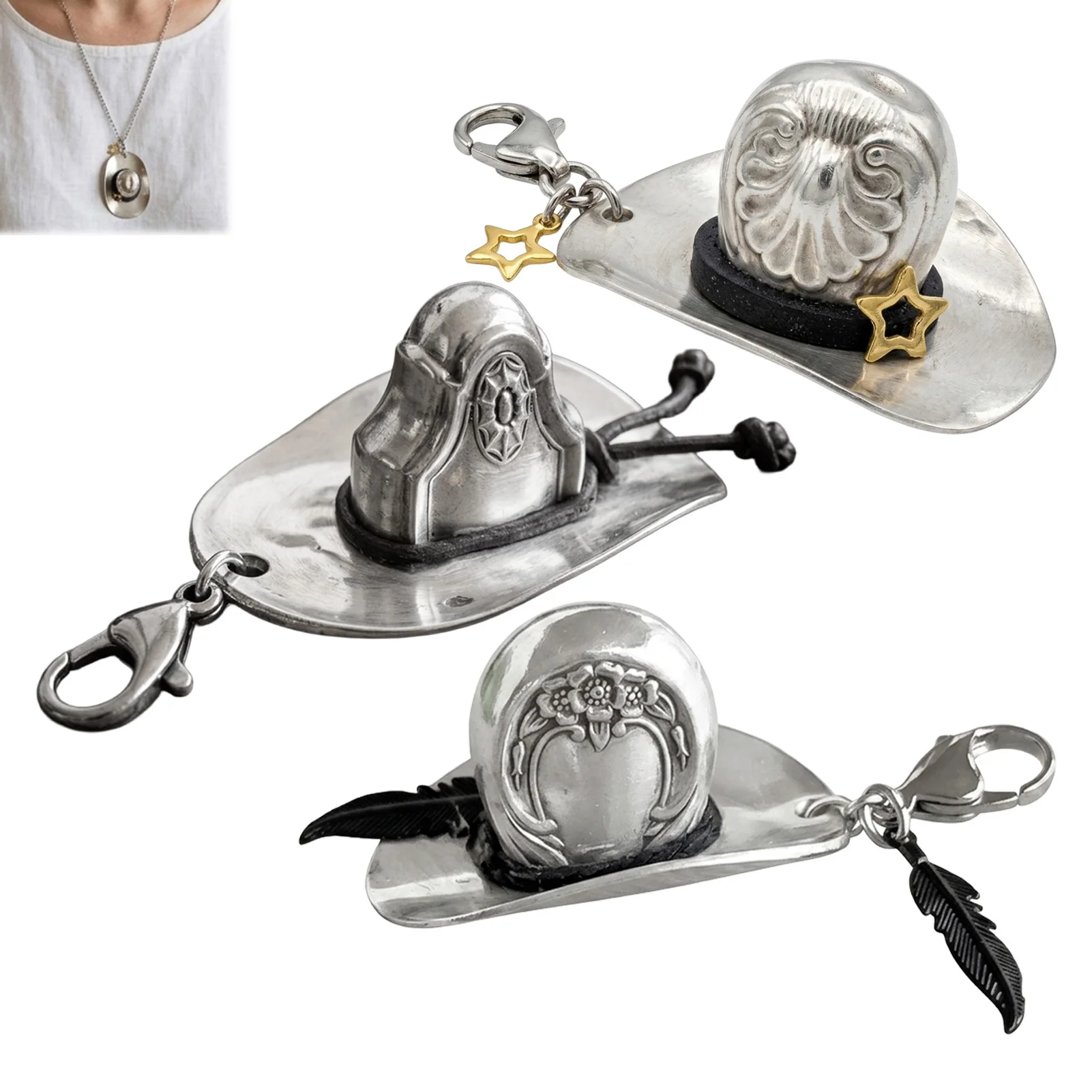 Cowboy Hat Pendant Vintage Spoon Metal Jewelry for Western Style