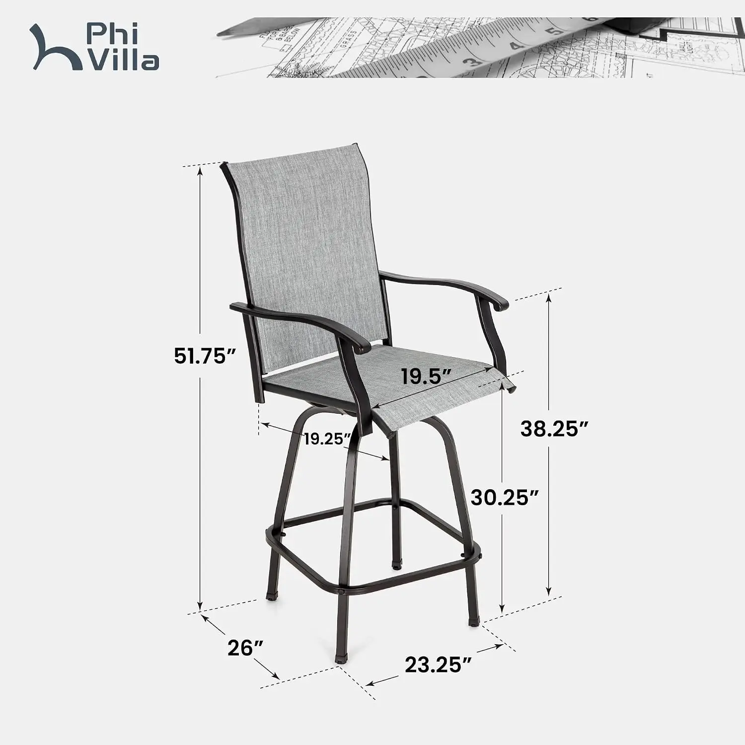 Swivel Bar Stools Set of 2, Patio Tall Chairs 30 Inch with Back & Armrest, Textilene Fabric for Deck Garden, Customized