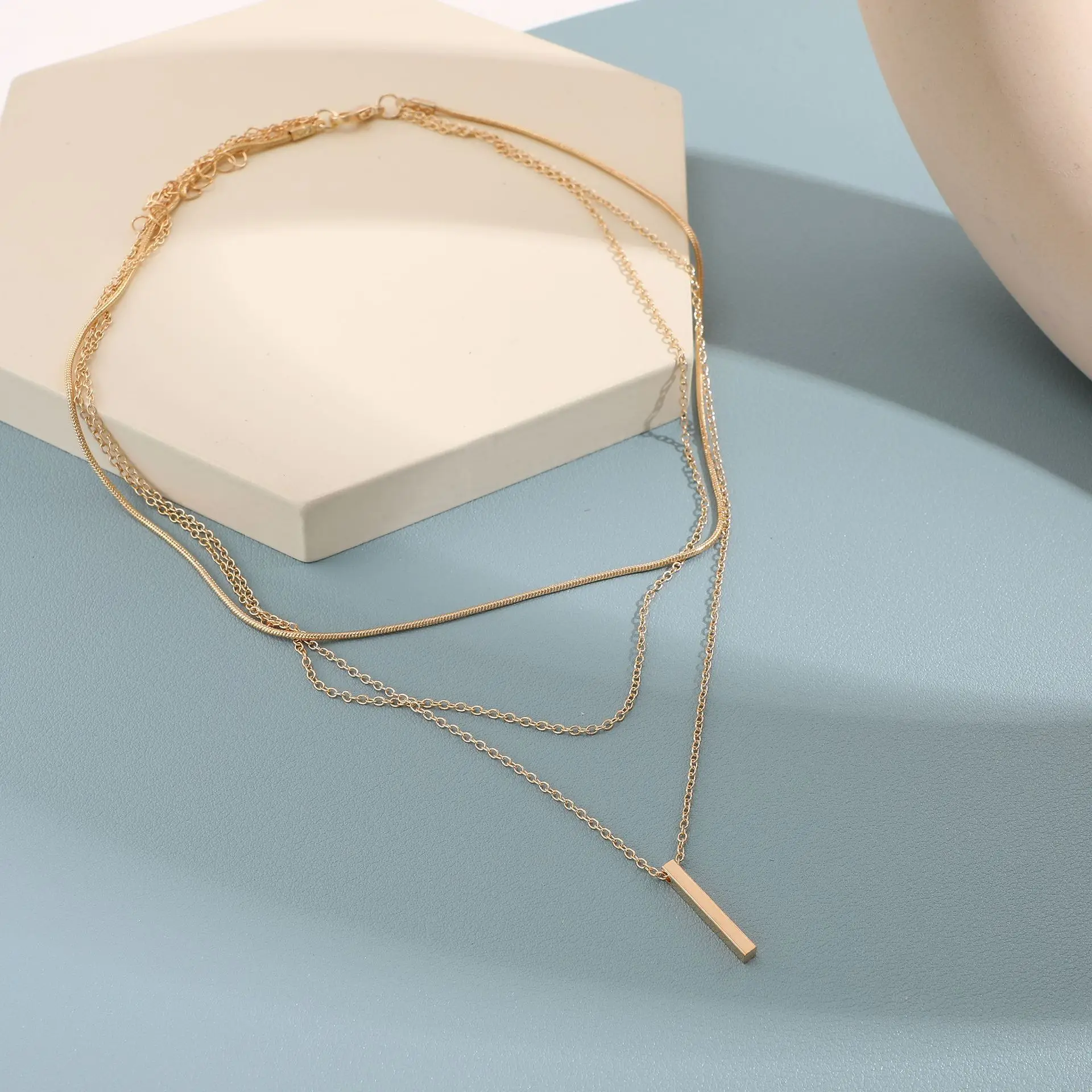Layered Chain Necklace with Small Bar Charm for Women Minimalist Stackable Choker Daily Office Elegant Lightweight Silver Plated