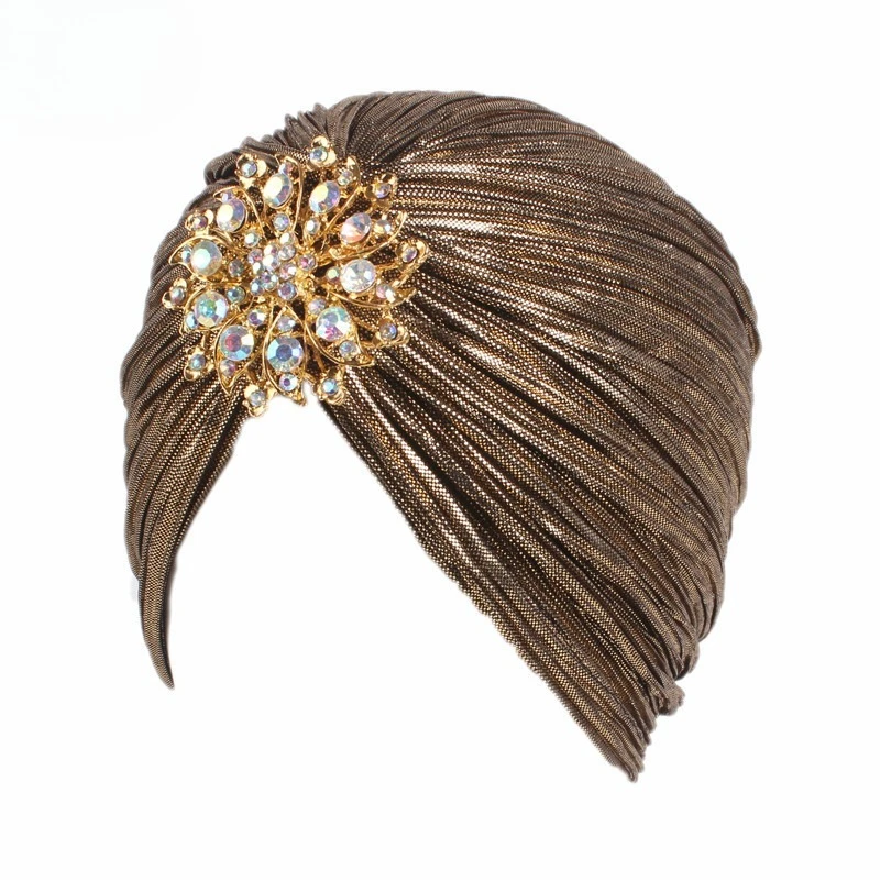 

Fashion Pleated Ladies Diamond Jewel Turban Hat Women Chemo Bandana Hijab Indian Cap Ethnic Turbante Hat Ladies Hair Accessories