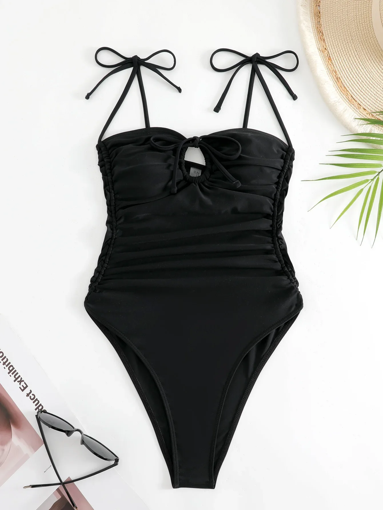 Traje de baño negro con lazo sexy de una pieza, bikinis con lazo de encaje calado, traje de baño con Tanga, trajes de baño para mujer, bikini, tankini