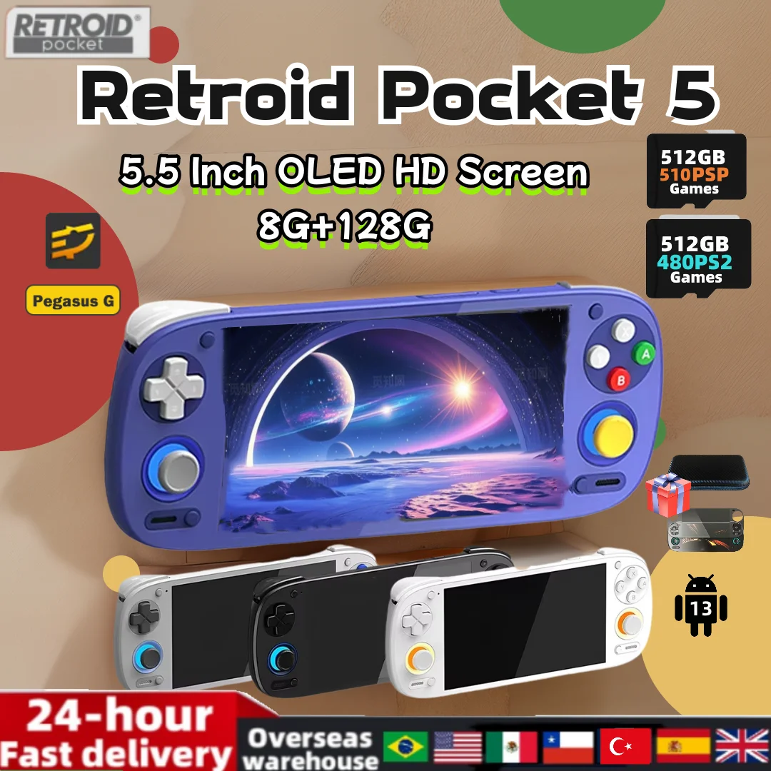 Retroid Pocket 5 Retro Handheld Game Console Video Game Players 5.5 Inch OLED HD Screen Android 13 RP5 SD865 8+128G 512G PSP PS2