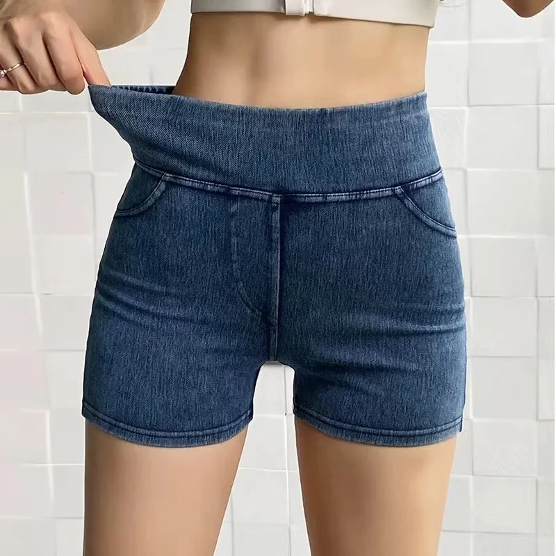 Sports denim shorts women's high waist lift hip outside wearing peach hip yoga three-point pants summer thin tight yoga hot pant