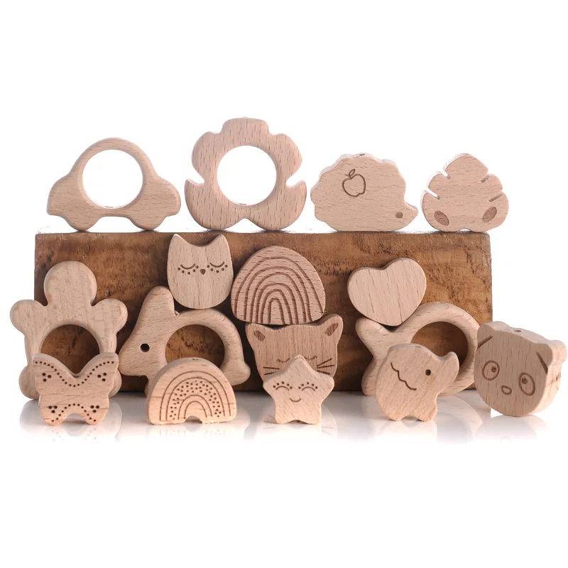 10Pcs Beach Wood Baby Beads Animal Shape Wooden Newborn Teething Ring Unfinished Baby Grasping Bracelet Toys BPA Free