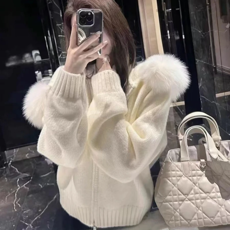 

Lazy Fur Collar Hooded Sweater Jacket for Women in Winter, Hhigh-End Zipper Knitted Cardigan Jacket