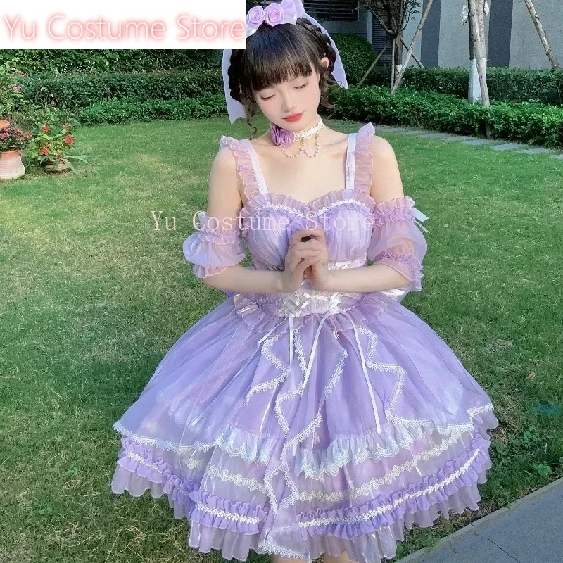 

Yu CostumeLolita Dress Op Girls Sweet Princess Dress Women's High Waist Slim Elegant Bow Lace Short Party Dress Vestidos Summer