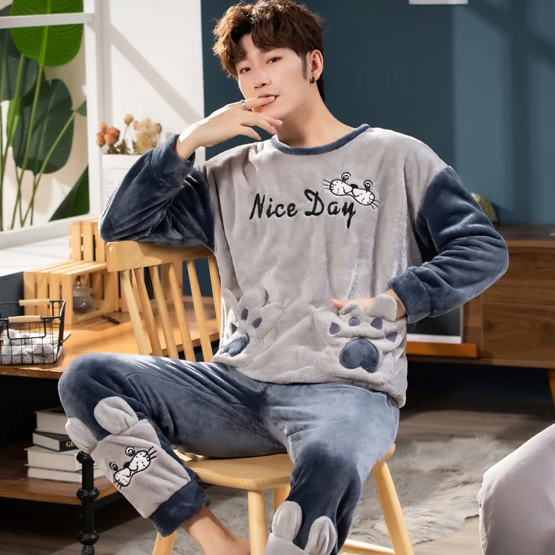 Casual Cartoon Winter Thicken Flannel Warm Pajamas For Men Sets Male Long Sleeve Sleepwear Homewear Loose Pajama Plus Size 3XL