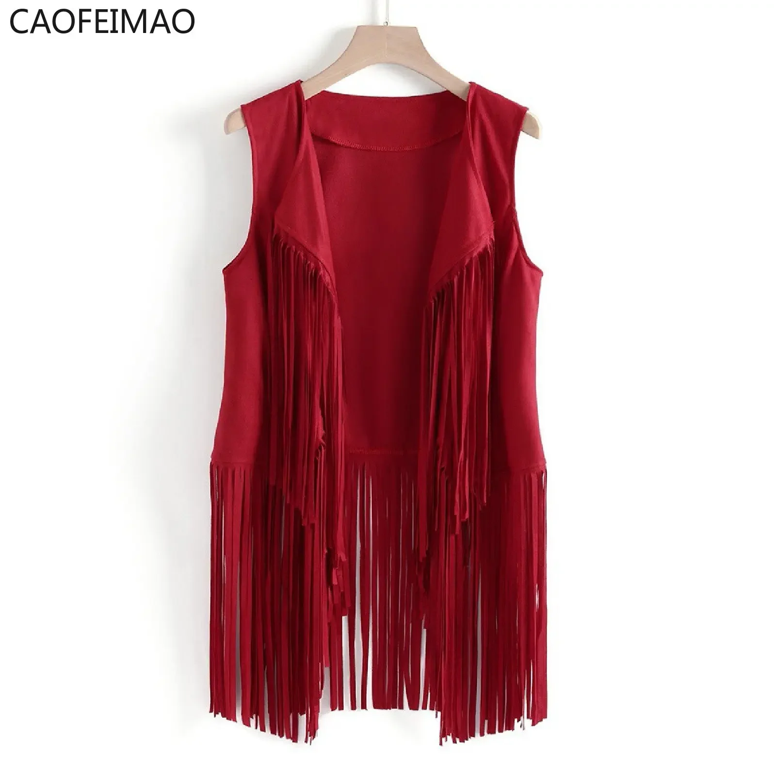 Women's Fringed Vest Jacket Fashion Fall Winter Suede Ethnic Sleeveless Fringed Vest Cardigan Vintage Faux Tassel Coat Coffee