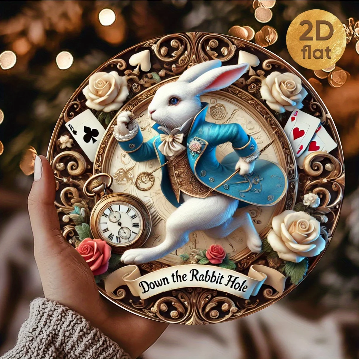 Vintage Alice in Wonderland Round Metal Art Sign Featuring Roses and Playing Cards - Ideal for Easter & Christmas!