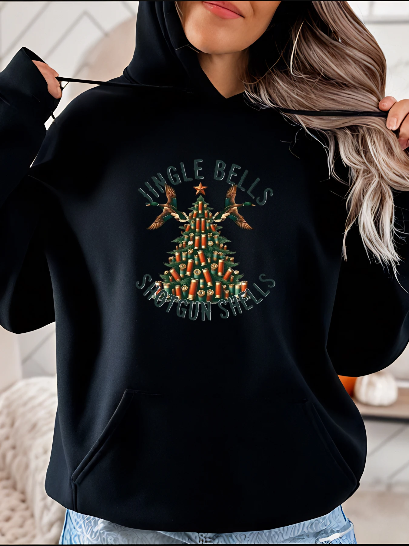

Jingle Bells Shotgun Shells Толстовка с капюшоном в виде рождественской елки Повседневная праздничная толстовка с рисунком Женская зимняя одежда