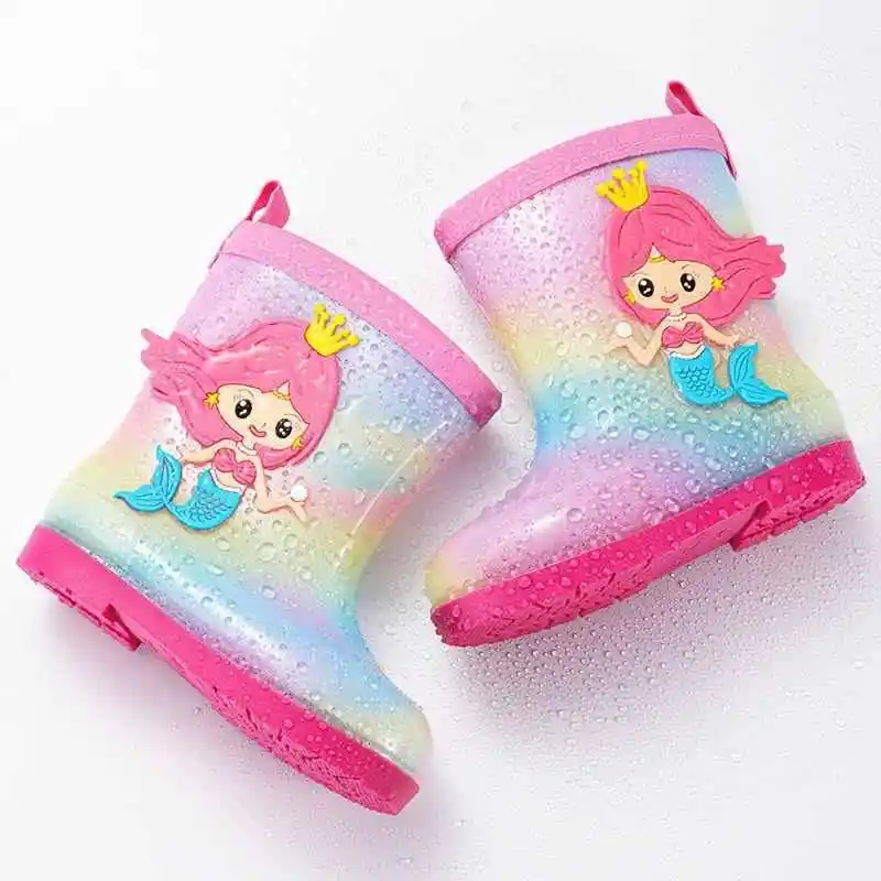 

Princess Girl Kindergarten Velvet Rain Boots Cute Rainbow Baby Anti-slip Rain Boots Water Shoes for Kids Home Daily Use