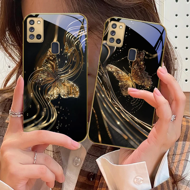 الفراشة الذهبية لسامسونج A 31 32 A33 A34 35 14 A15 13 16 25 26 50 52 53 54 55 56 70 71 72 73 حافظة هاتف زجاجية ذهبية