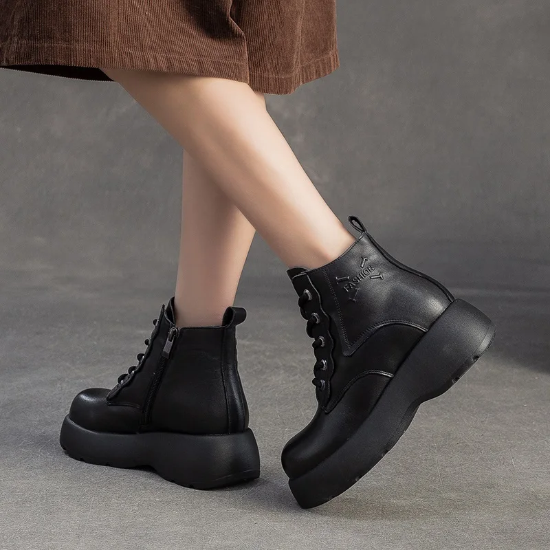 DRKANOL اليدوية الرجعية حقيقية جلد البقر منصة الثلوج أحذية النساء الارتفاع زيادة أسافين كعب الشتاء الدافئة القطن الأحذية سيدة