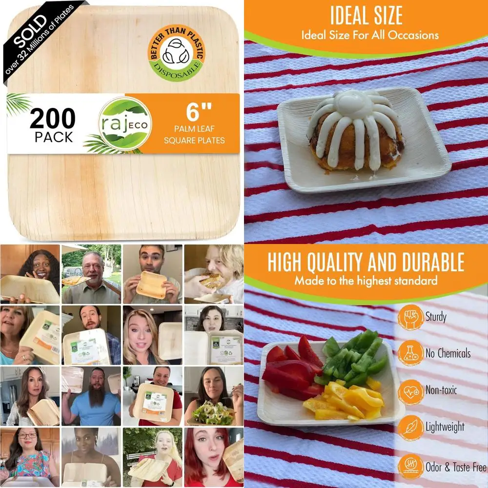 

200-Pack 6 Square Compostable Palm Leaf Plates, Durable & Decorative for Weddings, Parties, Outdoor Events