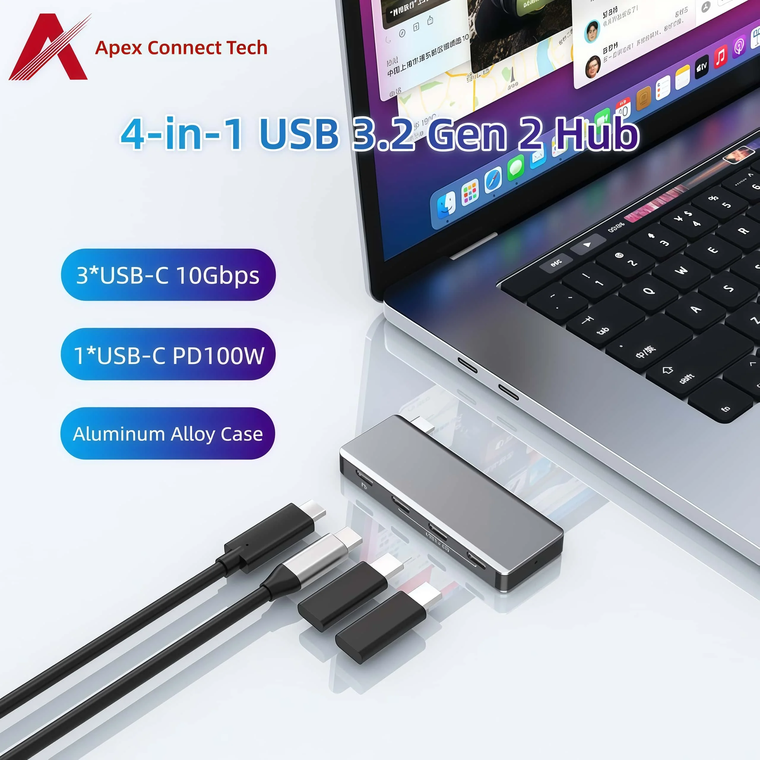 Hub USB C 4 ports 3.2 Gen 2 10Gbps PD 100W Type C répartiteur avec charge 4 en 1 USB C à Type C pour MacBook Pro ordinateur portable iPad téléphone
