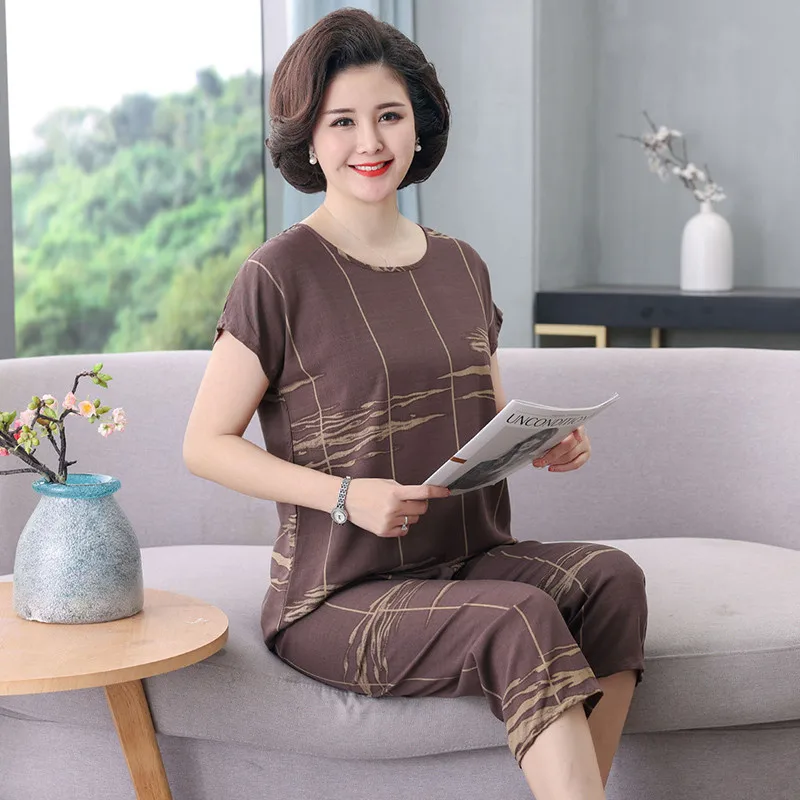 UHYTGF Mom Big Size Pajamas Printed Thin Cotton Linen Comfortable Summer Two Piece Set Sleepwear Women Casual Pants Top Suit2412
