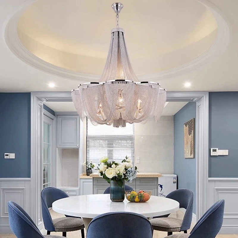 Postmodern Silver/gold Chain Tassel Chandelier - Luxury Led Dimmable Lighting For Living Room Villa & Home Decoration