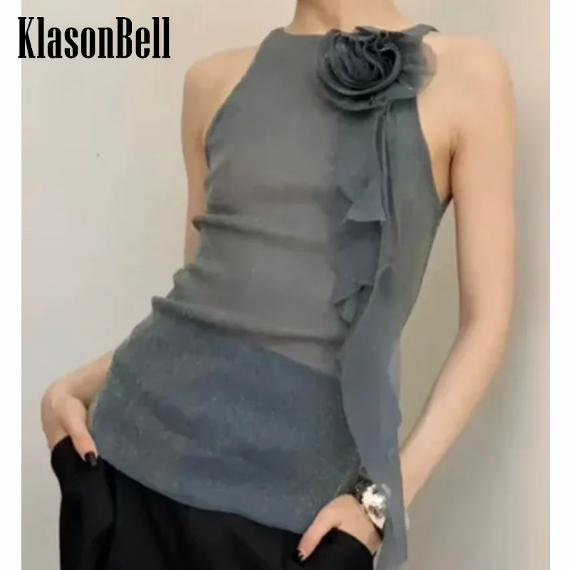 

6.20 KlasonBell Fashion Bling Bright Silk Mesh Halter Vest For Women 3D Flower Ribbon Ruffle Design Sexy Girl Tank Top