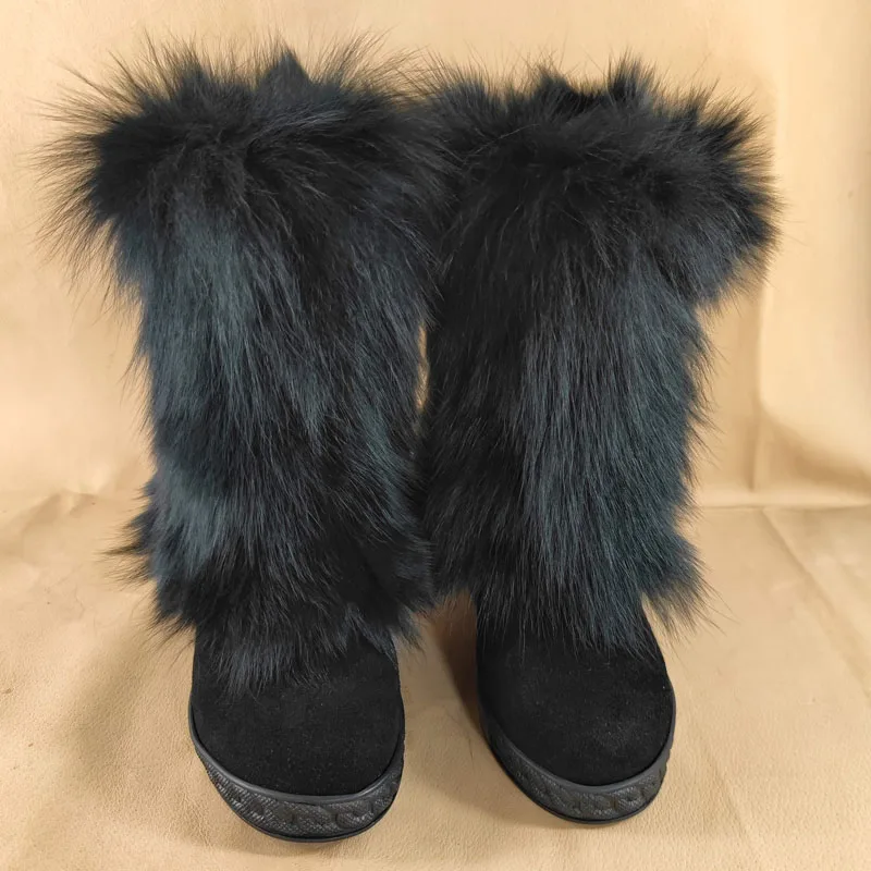 Fashion Black White Real Fox Fur Snow Boots 8cm Inner Wedge Increased Sole Mid Boots Winter Full Fur Boots Woman Booties