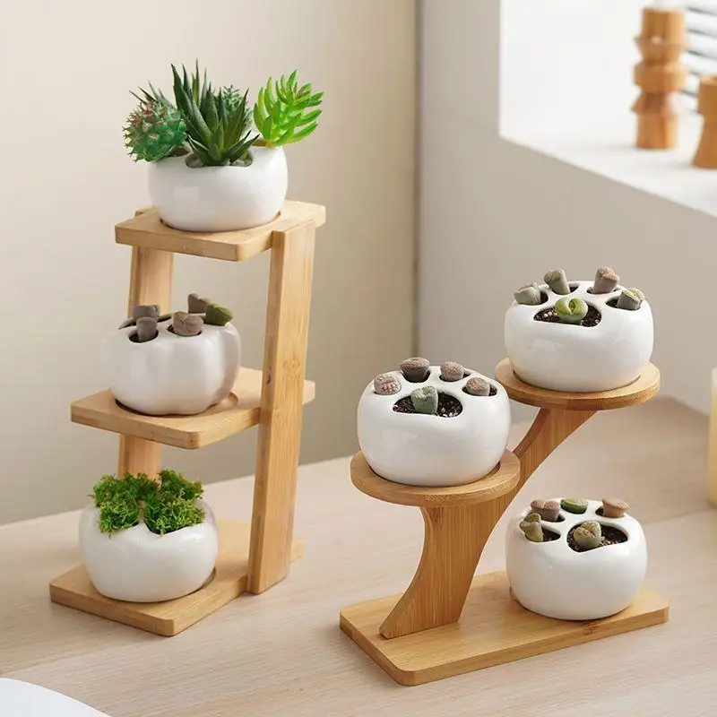 

Countertop 3 Tier Plant Shelves Bamboo Pots Balcony Pedastle Plant Stand Single Window Estante Para Plantas Home Decorations