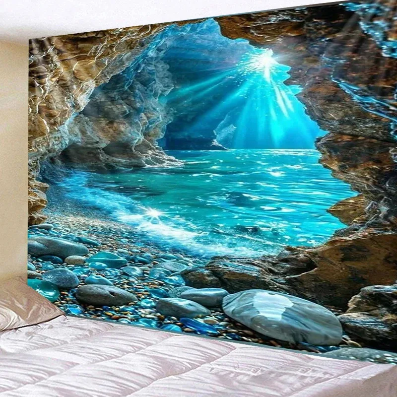 Seaside Cave Tapestry Waves Sunlight Intertwine Psychedelic Coastal Decor Perfect For Living Rooms And Bedrooms