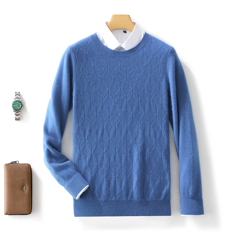 

100% Merino Wool Solid Color O-Neck Fashion Cabled Sweater Pullover Cashmere Soft Long Sleeves Comfortable Men's Clothing Top
