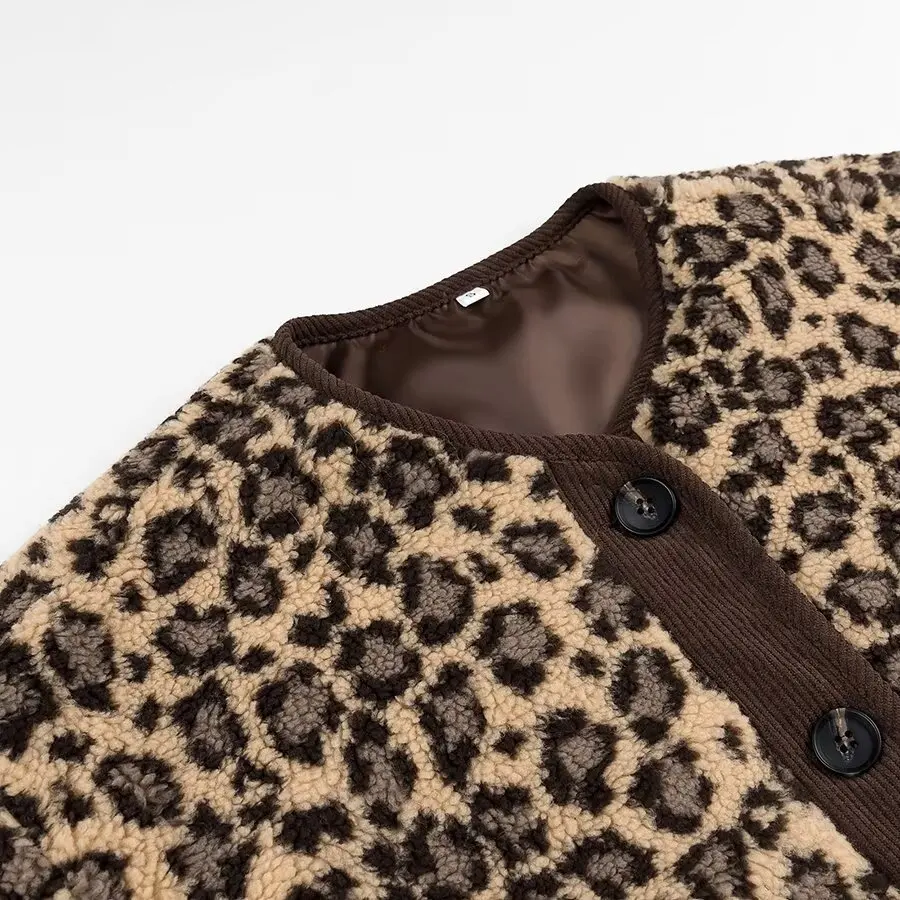Mulheres leopardo impresso casacos em torno do pescoço único breasted outerwear outono inverno feminino bolsos manga longa topos senhora cardigan