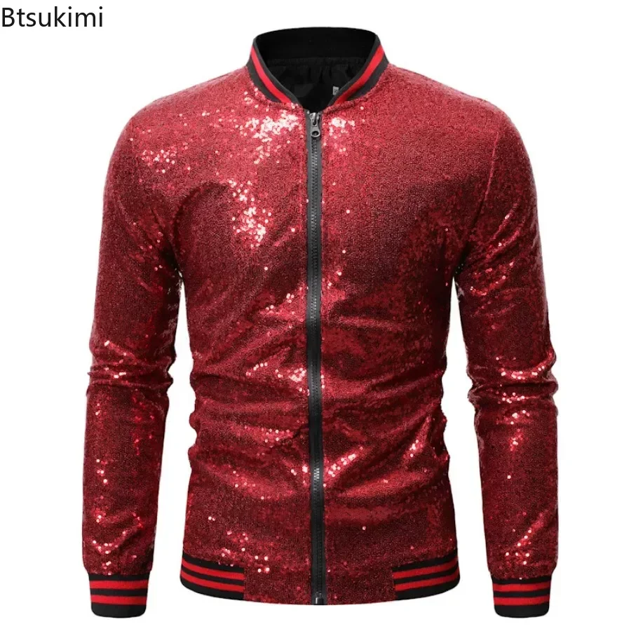 Chaquetas brillantes de lentejuelas para hombre, abrigos de estilo Punk con cremallera sólida, ropa para espectáculo de baile y fiesta de DJ en club nocturno, novedad de 2024