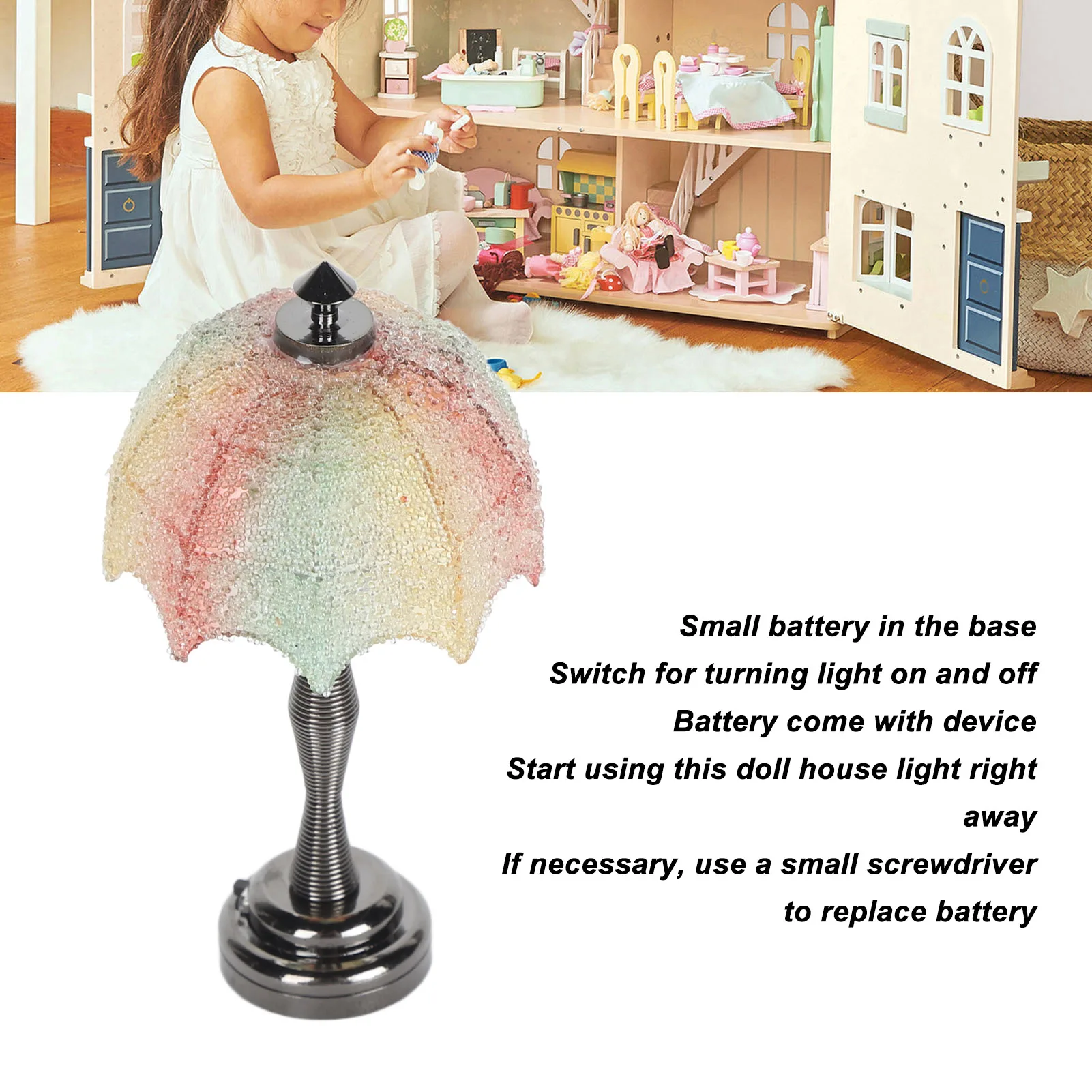 ZK20 Mini Dollhouse Floor Lamp Miniature 1:12 Scale Doll House LED Light Furniture Accessories Decor Color Particle Lampshade