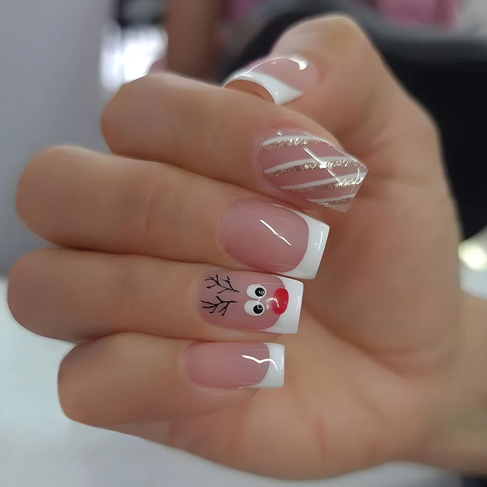 

2026 New Minimalist Nude Pink Christmas Reindeer with Silver Shimmer - European and American Holiday French Manicure
