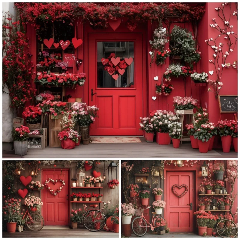 

Valentine's Day Photography Backdrop Red Door Rose Flowers Bicycle Party Decor Bride Photo Photographic Background Studio Shoots