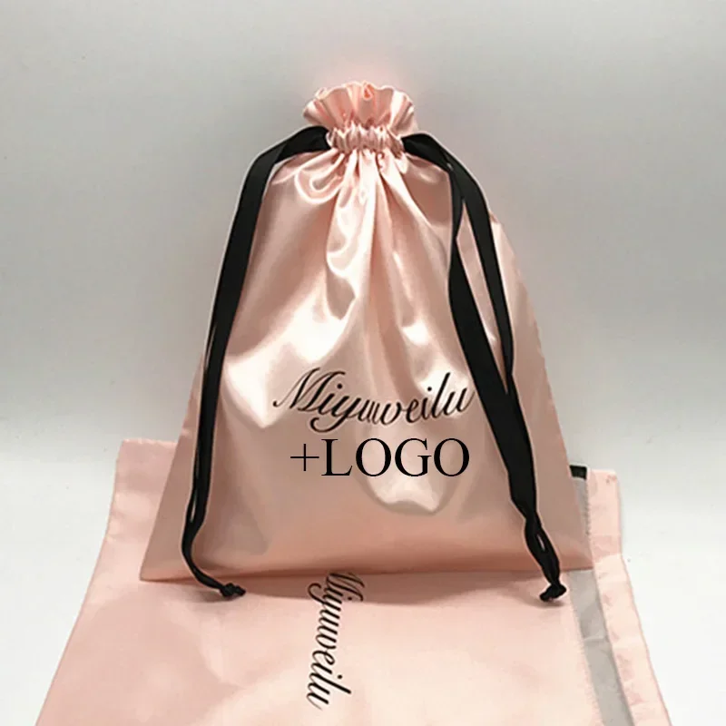 Custom Silk Drawstring Pouch Satin Bag Packaging Jewelry Cosmetic Wedding Party Gift Sachet Storage Hair Sachet Print Logo 20pcs