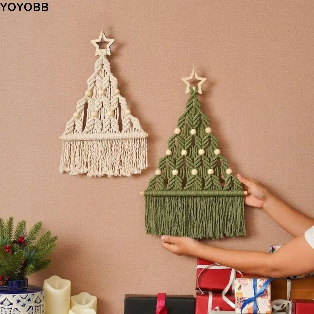 

Woven Christmas Tree Macrame Tapestry Aesthetic Tassel Wall Hanging Pendant Decorative Art Cotton Rope Tapestry Apartment