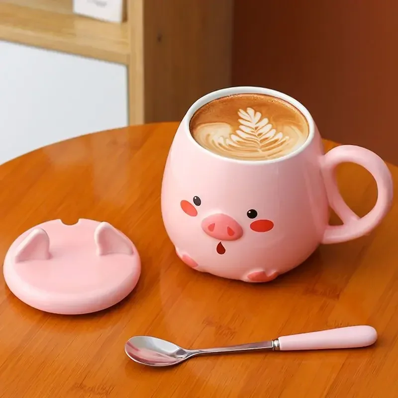 500ML Ceramic Mug Cute Pig Pink Girl Heart Cartoon Cup Coffee Cup with Lid Spoon Girl Water Cups Breakfast Mugs Birthday Gift