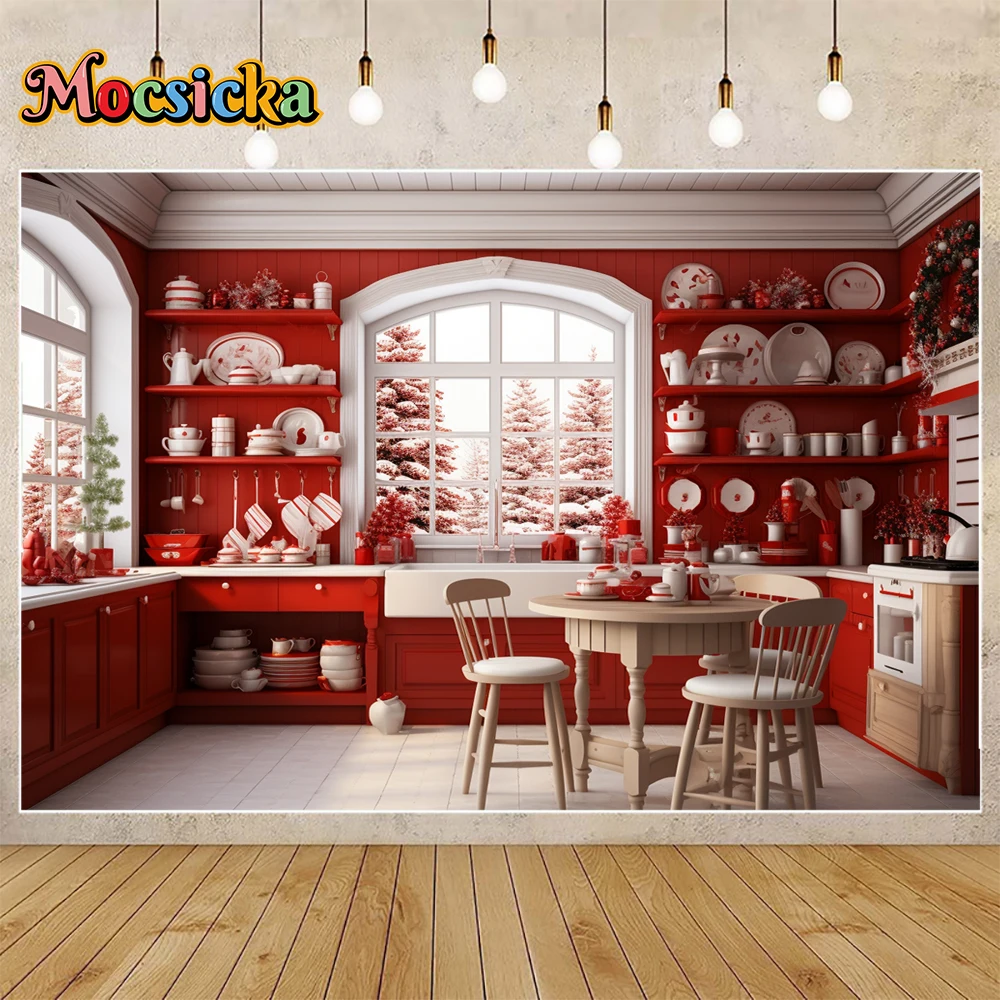 Mocsicka ฉากหลังถ่ายภาพฤดูหนาว, สีแดงคริสต์มาสชุดรูปแบบห้องครัวธีมวันหยุดงานเลี้ยงครอบครัวเด็กภาพฉากหลังสตูดิโอ