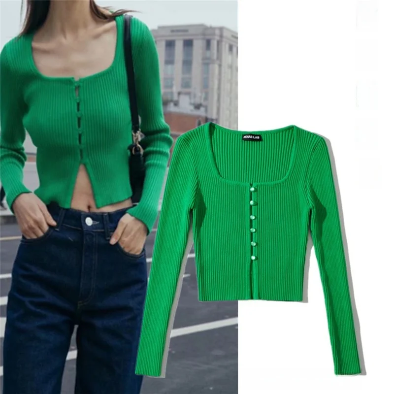 Cárdigan de punto con cuello cuadrado Retro americano, ropa interior ajustada con botones de perlas, informal, largo, Sve Spring Faion