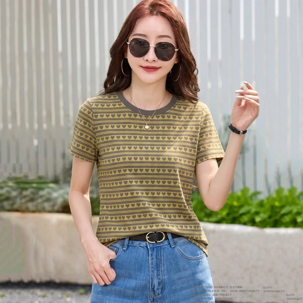 新しい女性カジュアルストライプ Tシャツ夏のファッション O ネック半袖ルーズデイリー Tシャツシンプルベーシックプルオーバー Tシャツ 1