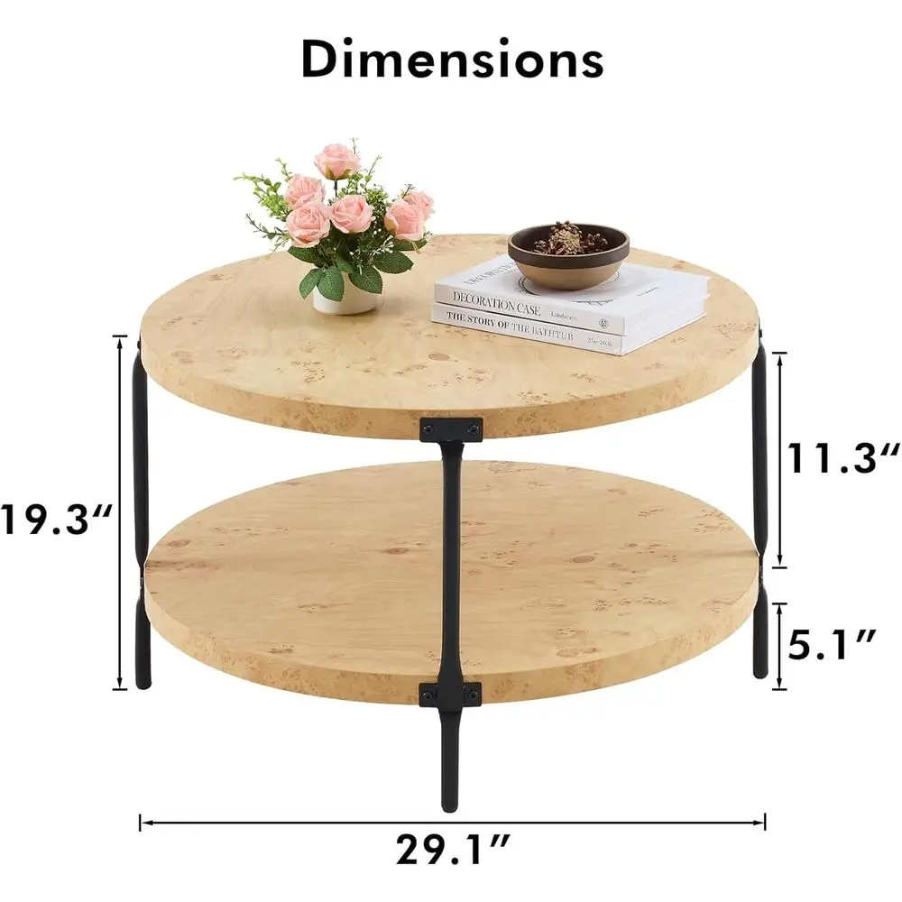Natural Burl Wood 2-Tier Farmhouse Coffee Table, 29.1 Diameter x 18.3 Height
