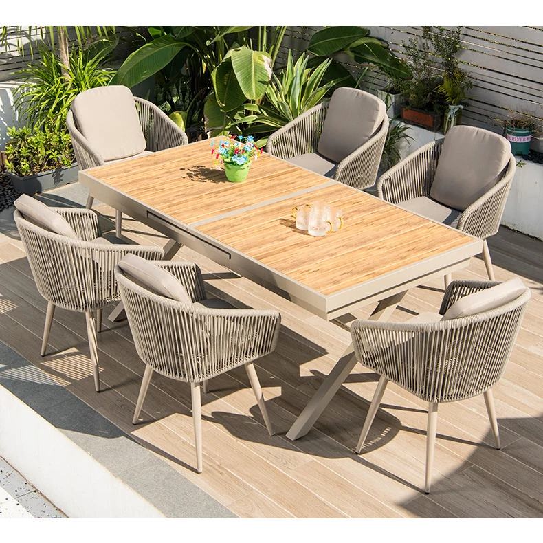Outdoor Furniture Garden Eco-friendly Plastic Wood Rattan Rope Chairs Extension Table Set